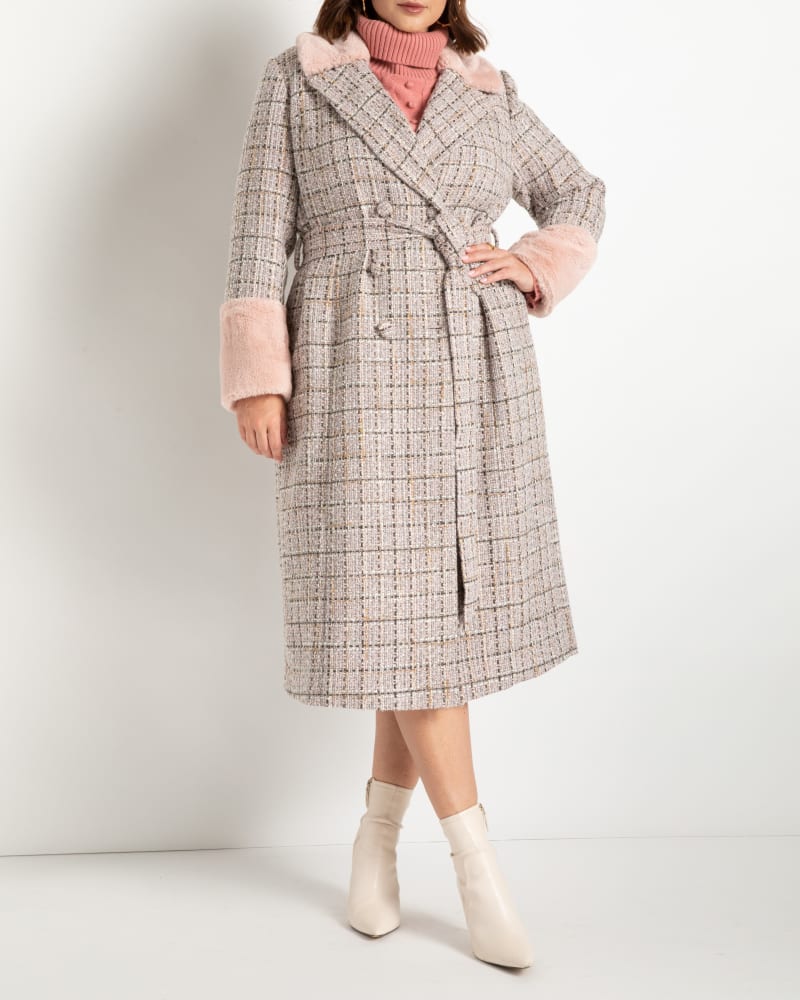 Front of a model wearing a size 14/16 Elodie Belted Tweed Coat in Silver Pink by ELOQUII. | dia_product_style_image_id:241939